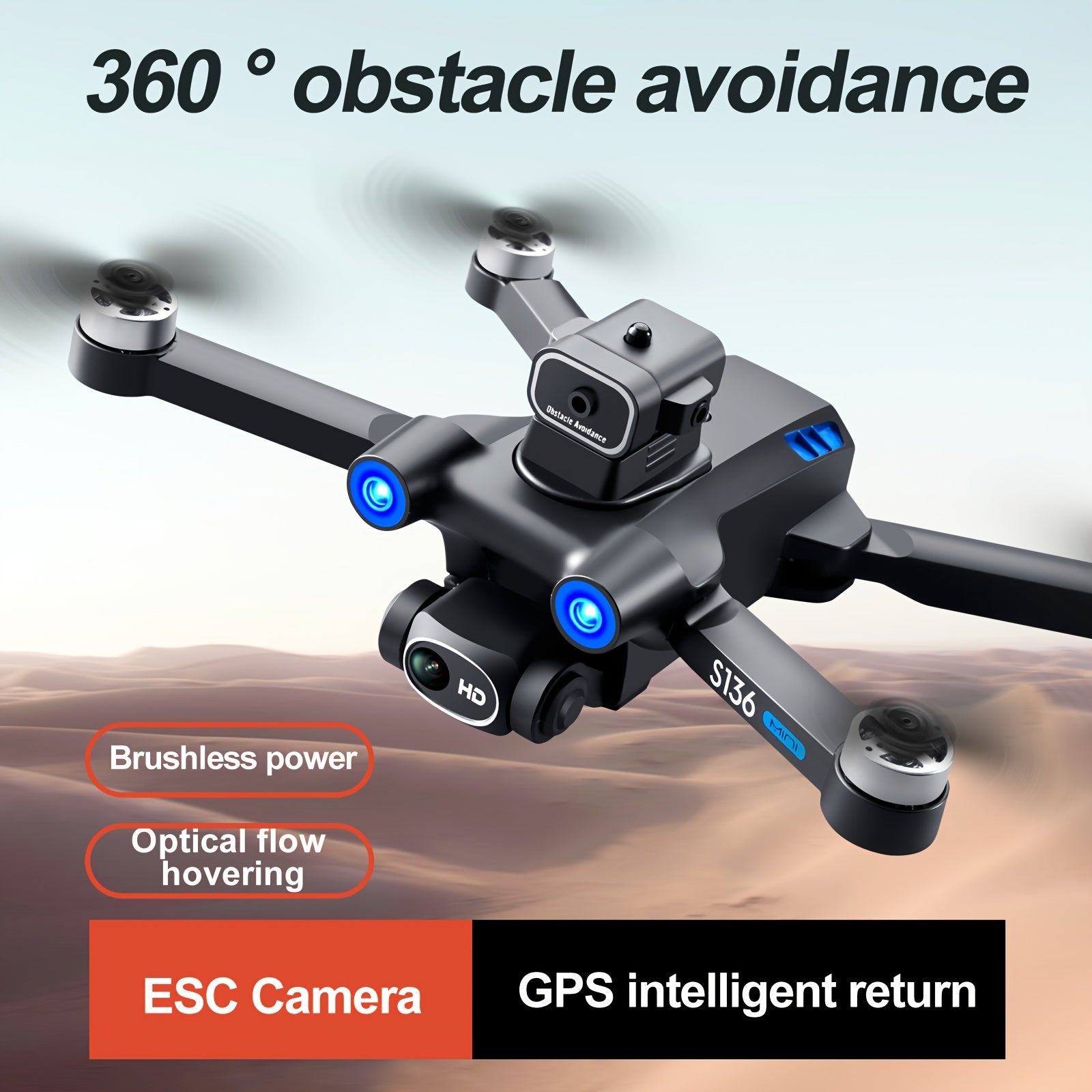 HD Dual Camera S136 UAV Drone with GPS, 360° Obstacle Avoidance, Optical Flow Hovering, One-Key Takeoff, and Fail-Safe Return - Perfect for Beginners and Men's Gifts