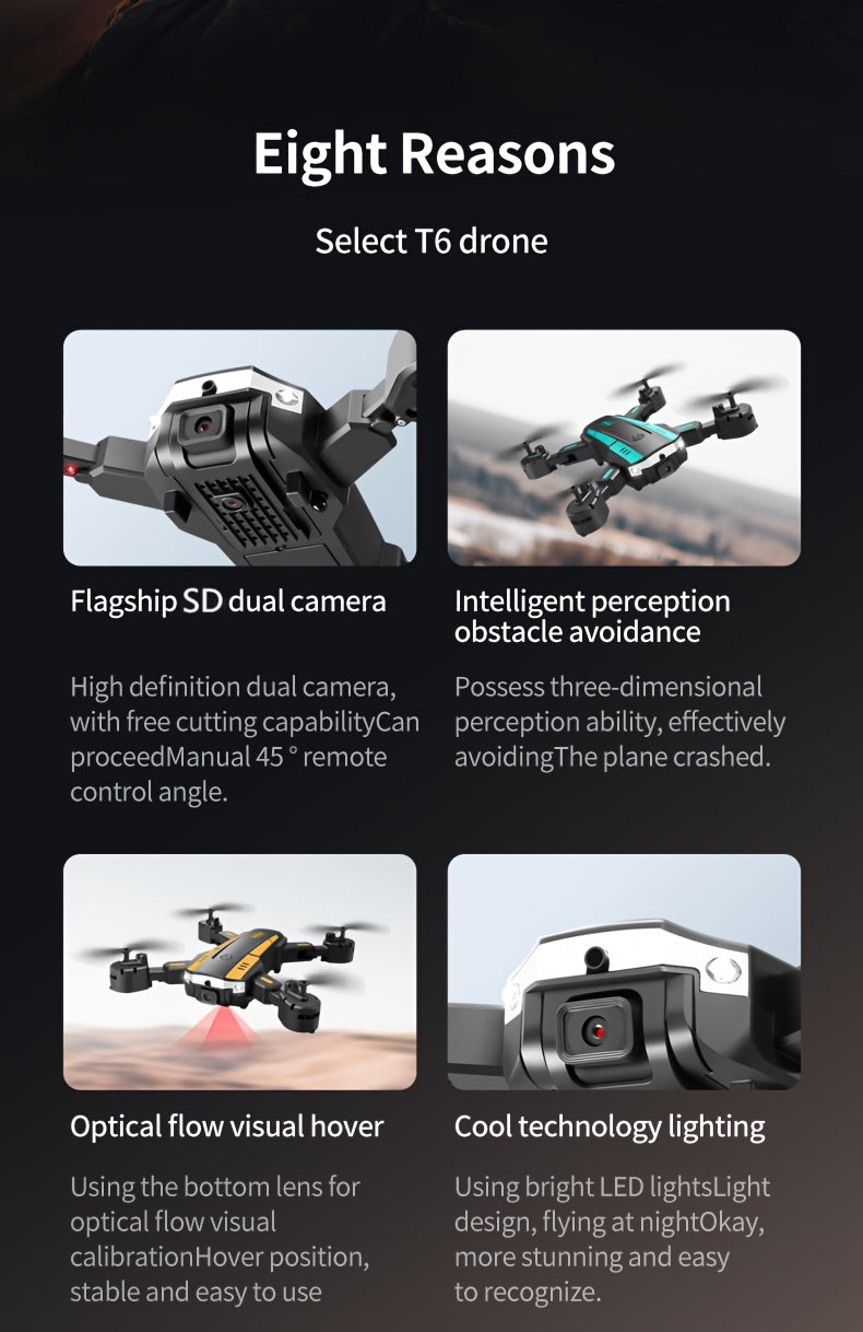 T6 Aerial Drone With HD Dual Camera, One-key Take-off And Landing, 540° Intelligent Obstacle Avoidance, Gesture Recognition, Intelligent Hovering, Foldable Quadcopter