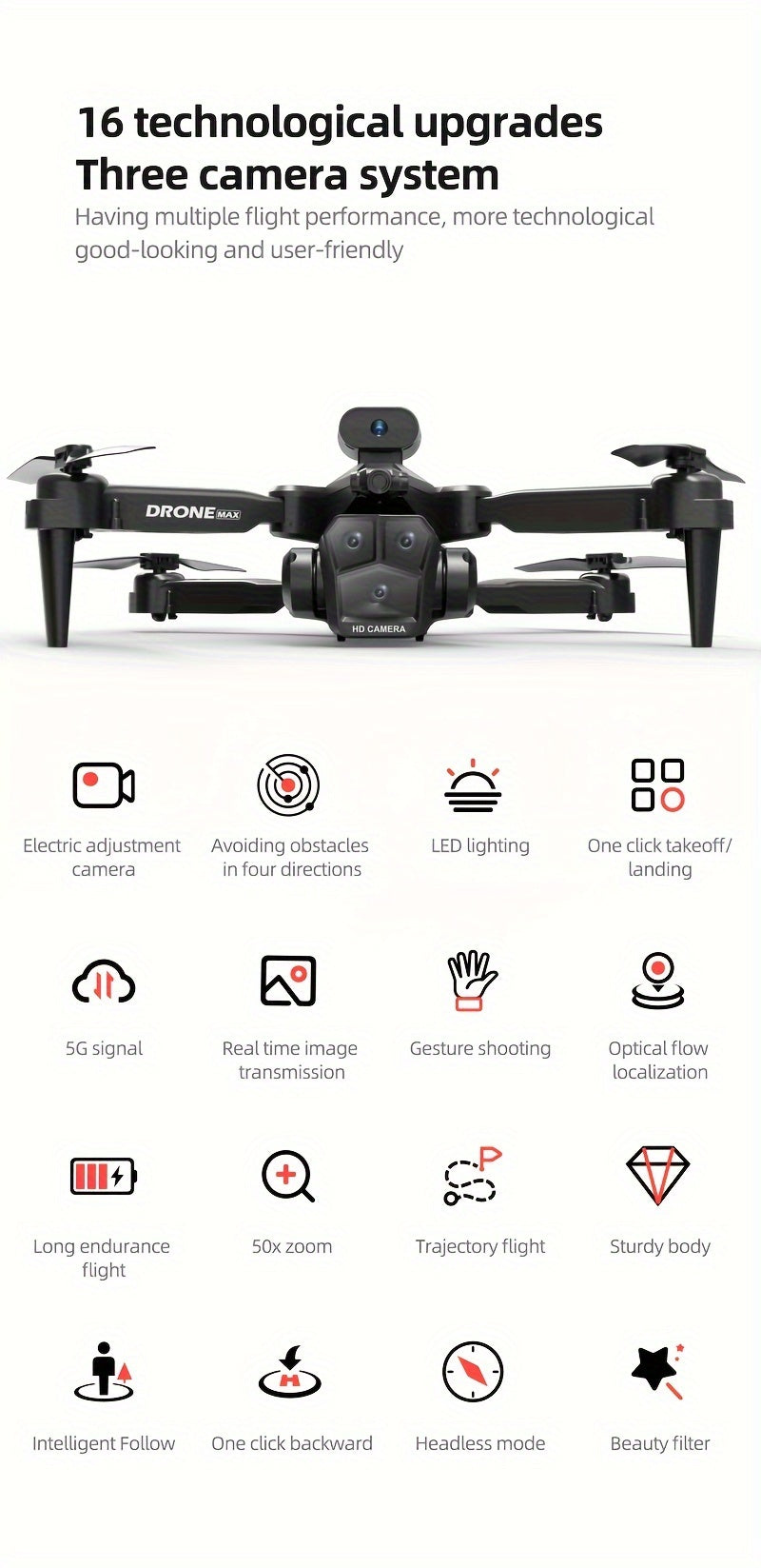 C10 Drone With HD Aerial Photography Three Cameras, 360° Infrared Obstacle Avoidance, Remote Control Aircraft