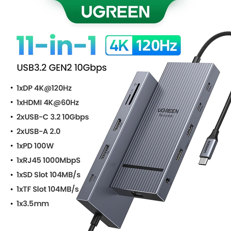 UGREEN USB HUB 4K120Hz DP Type-C to 4K60Hz 2xHDMI SD/TF RJ45 3.5mm USB3.2 Gen2 10Gbps Data for Laptop Dell HP Lenovo Accessories