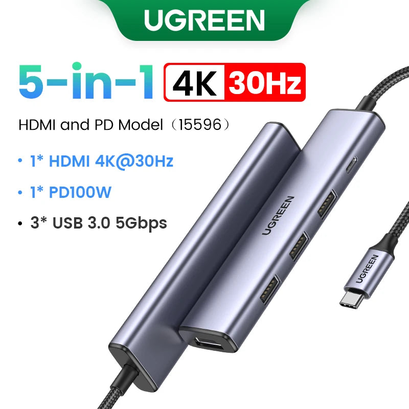 UGREEN USB HUB 4K120Hz DP Type-C to 4K60Hz 2xHDMI SD/TF RJ45 3.5mm USB3.2 Gen2 10Gbps Data for Laptop Dell HP Lenovo Accessories
