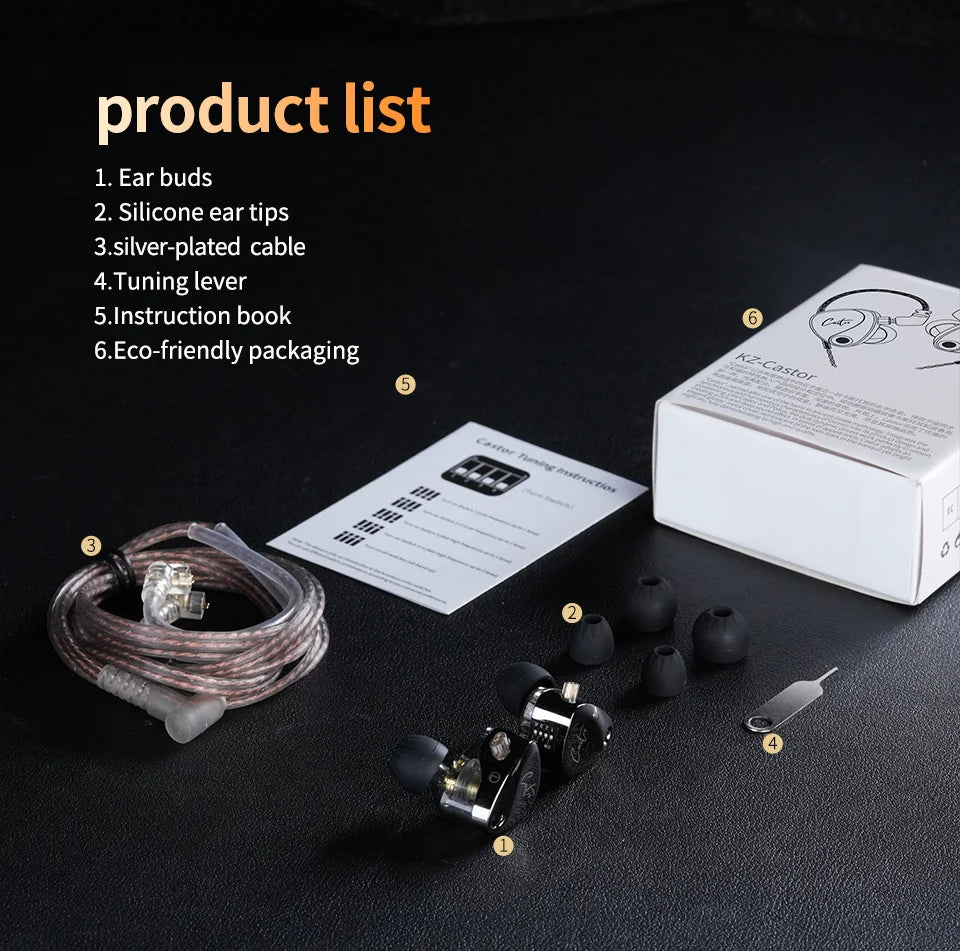 KZ Castor In Ear HiFi Earphone 2DD Dynamic High-end Tunable Balanced Armature Earphones Monitor Headphone Cancelling Earbuds