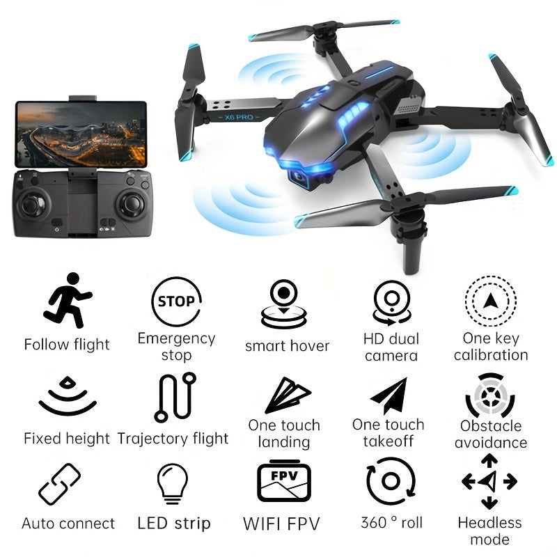 X6Pro Wireless FPV With HD Dual Camera Foldable RC Drone, High Hold, Automatic Obstacle Avoidance, One-Button Calibration/Take Off/Flip, With Optical Flow Positioning (Indoor Can Be Stabilized And Hover), Single Battery Life