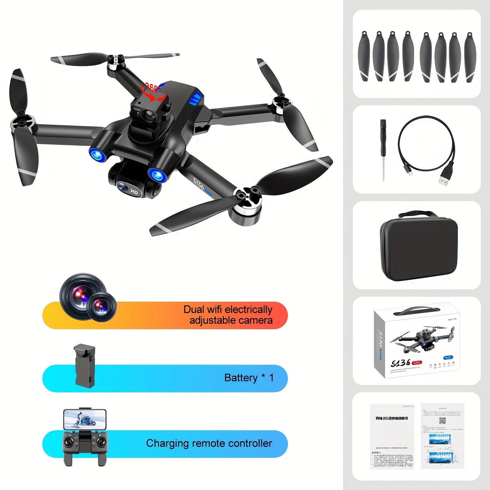 HD Dual Camera S136 UAV Drone with GPS, 360° Obstacle Avoidance, Optical Flow Hovering, One-Key Takeoff, and Fail-Safe Return - Perfect for Beginners and Men's Gifts